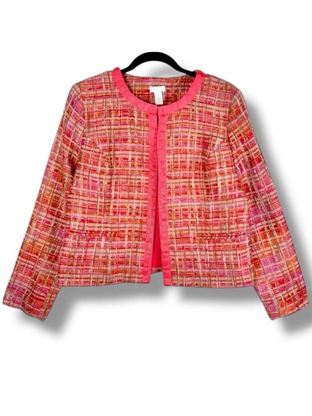 Chico’s Pink Multi Tweed Grosgrain Trim Collarless Blazer Jacket Size 1